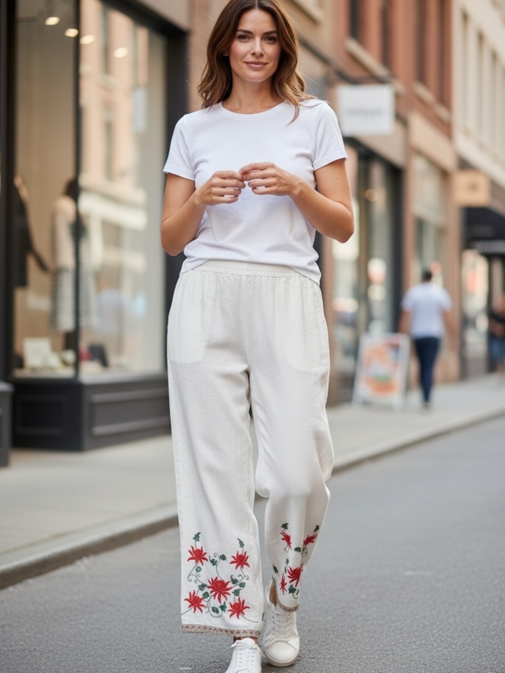 Soft Surroundings White Embroidered Linen Blend Wide Leg Pants Boho Large